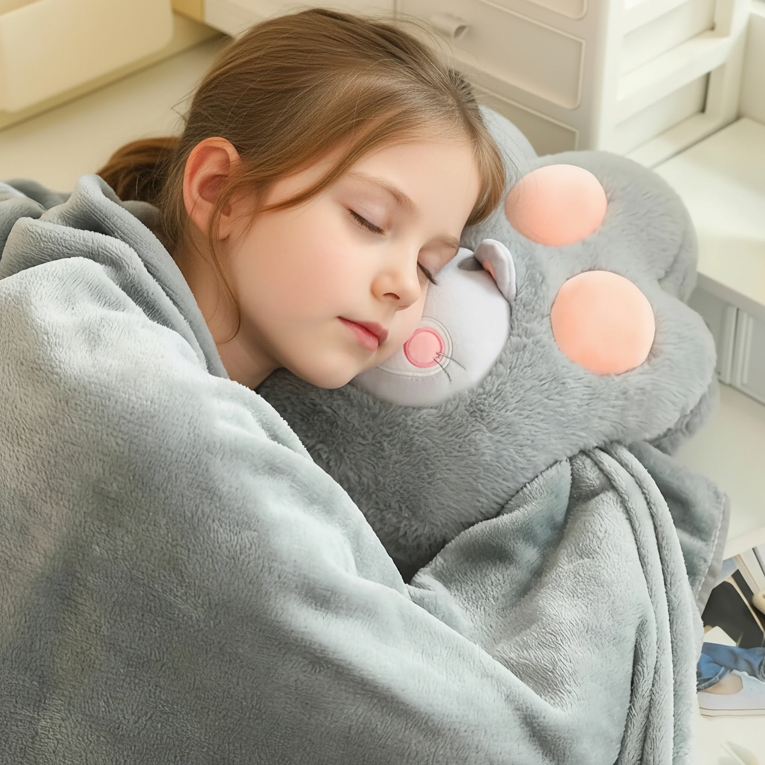 Child sleeping peacefully with a gray plush blanket and a plush toy shaped like a paw.
