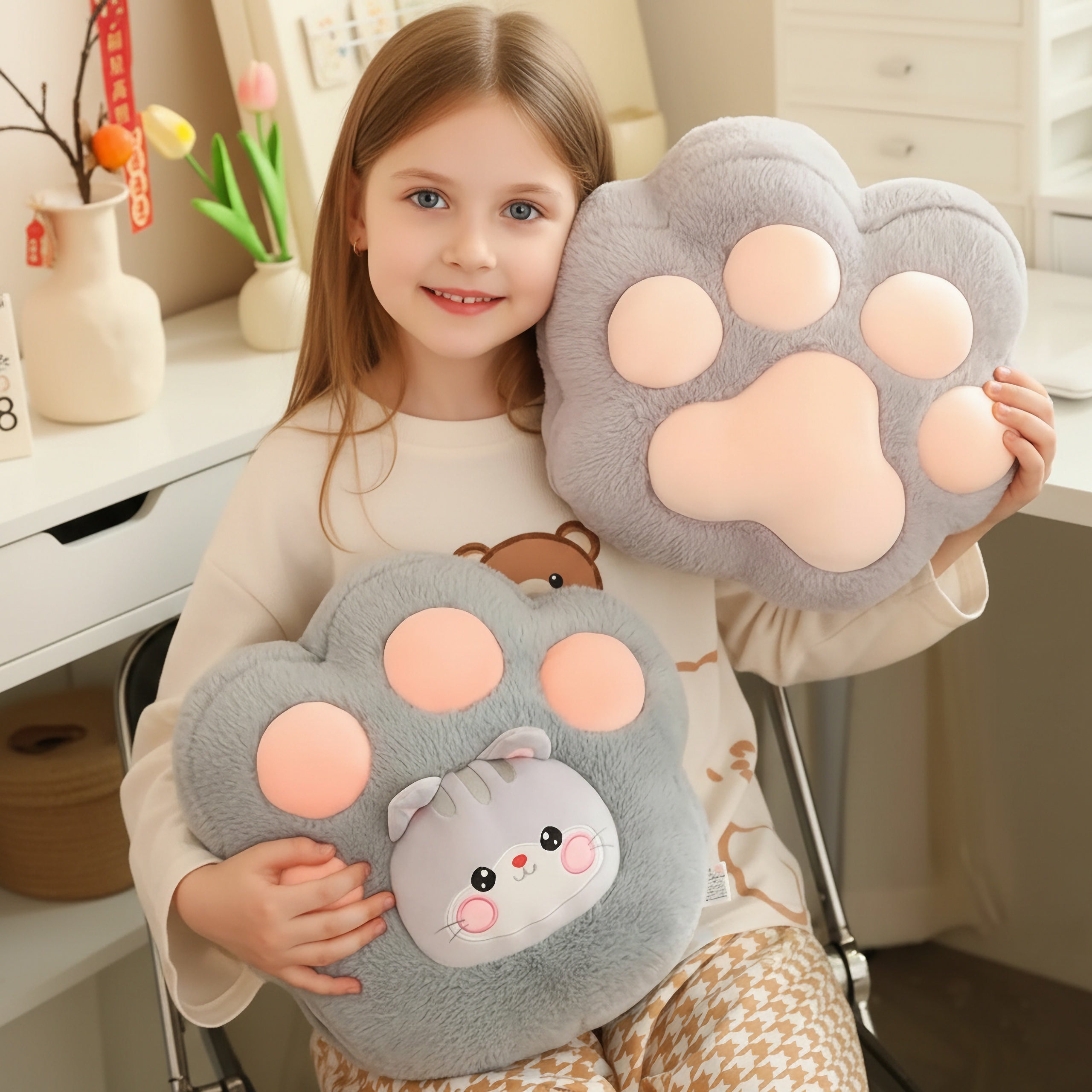 A girl holds two plush paw-shaped pillows, one with a cartoon animal face, sitting at a desk with decor in the background.