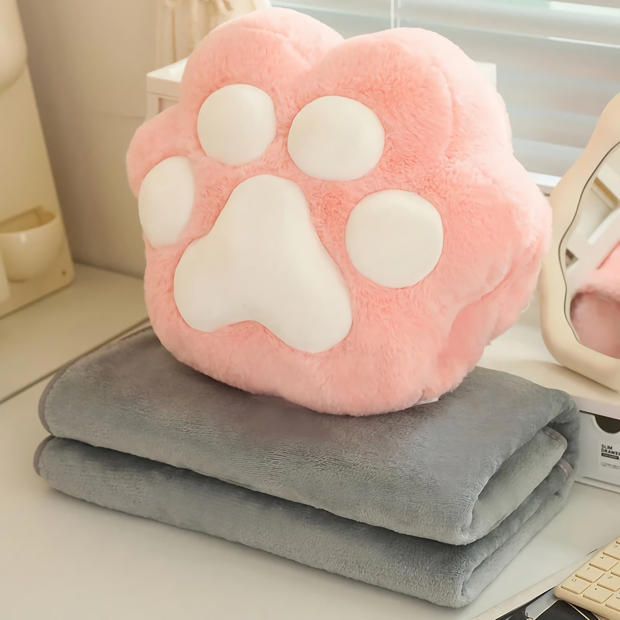 A pink paw-shaped plush pillow rests on top of two folded gray blankets on a desk.