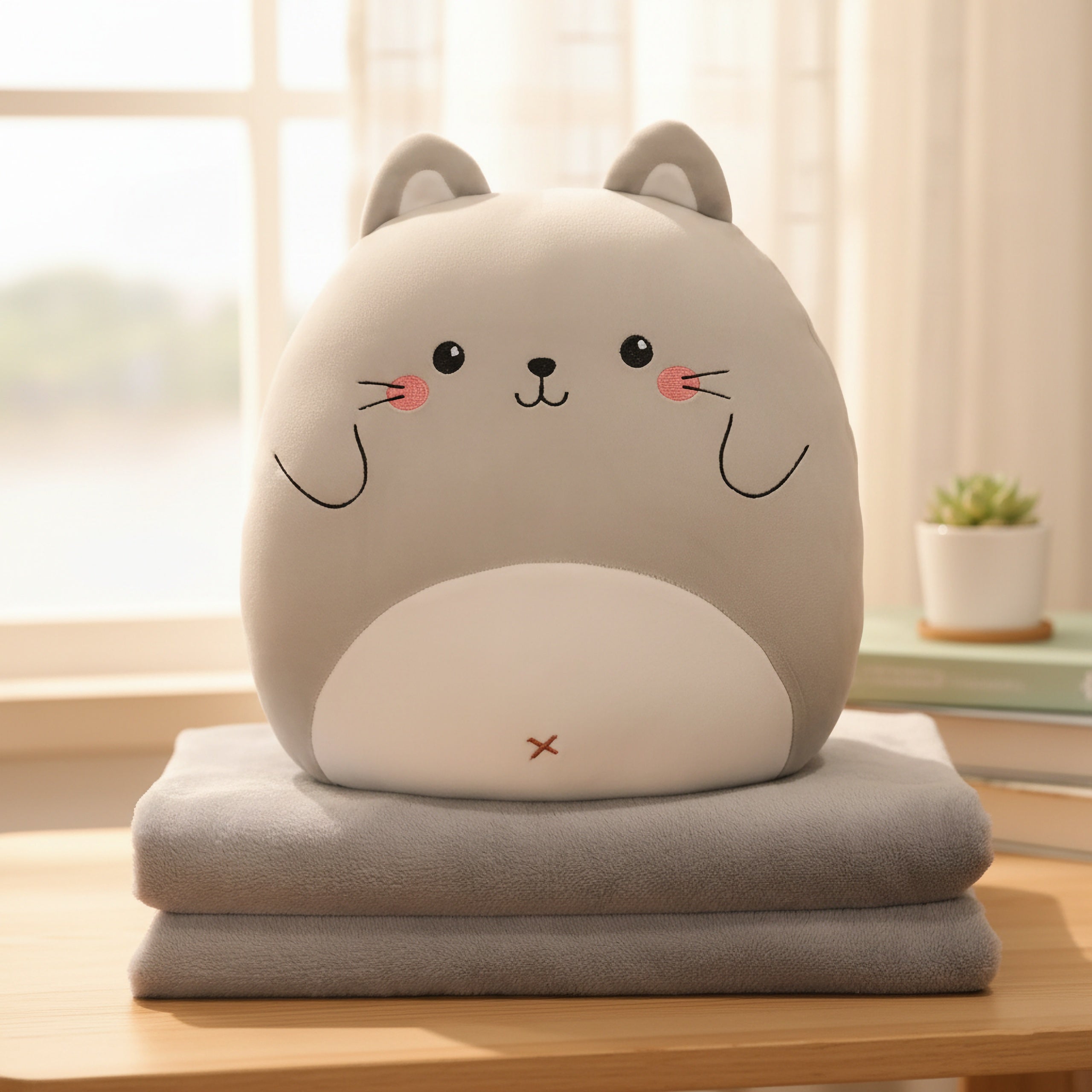 Gray plush pillow with a cute animal face on a folded gray blanket, set on a wooden table near a window.