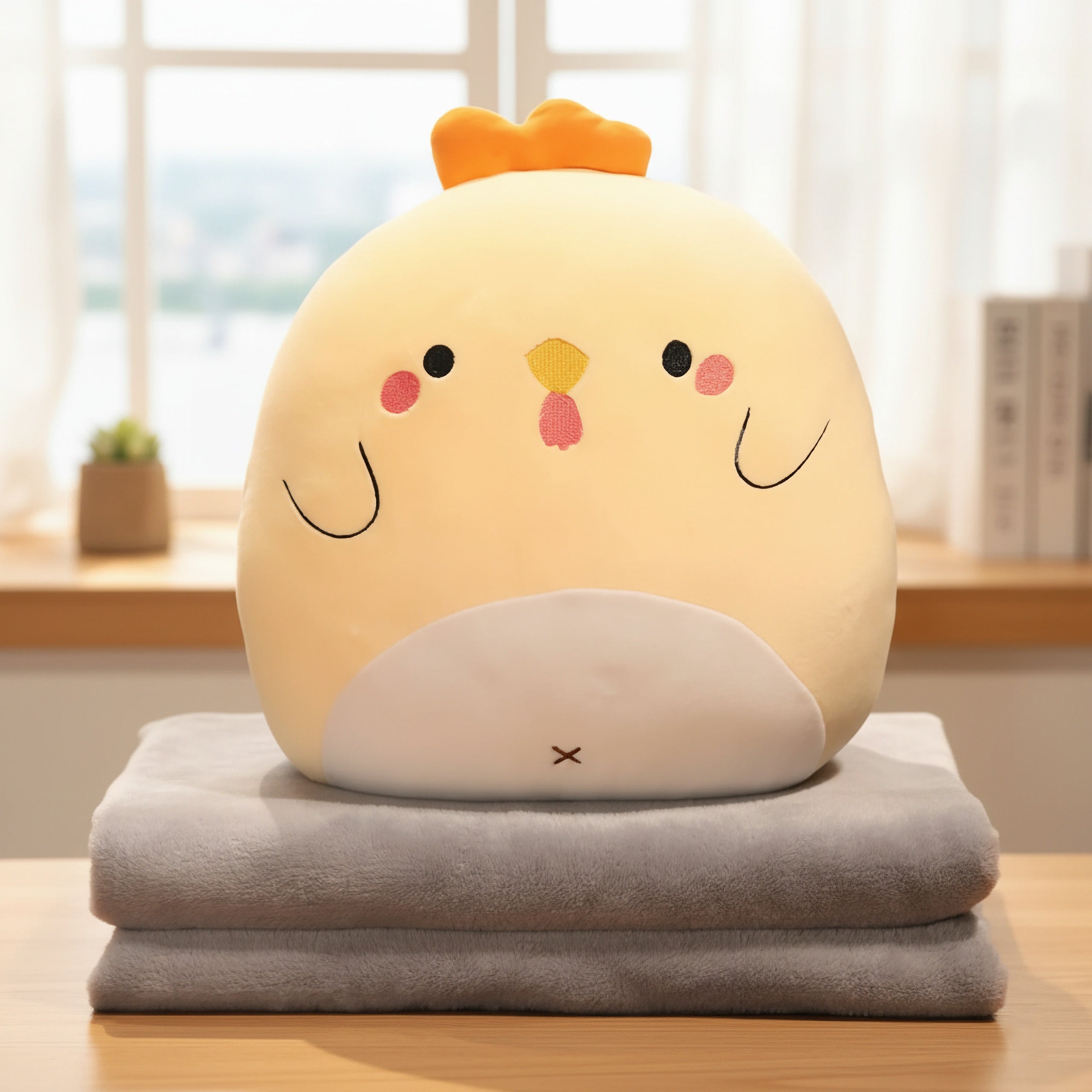 A plush yellow chick pillow sits atop two folded gray blankets on a wooden surface.