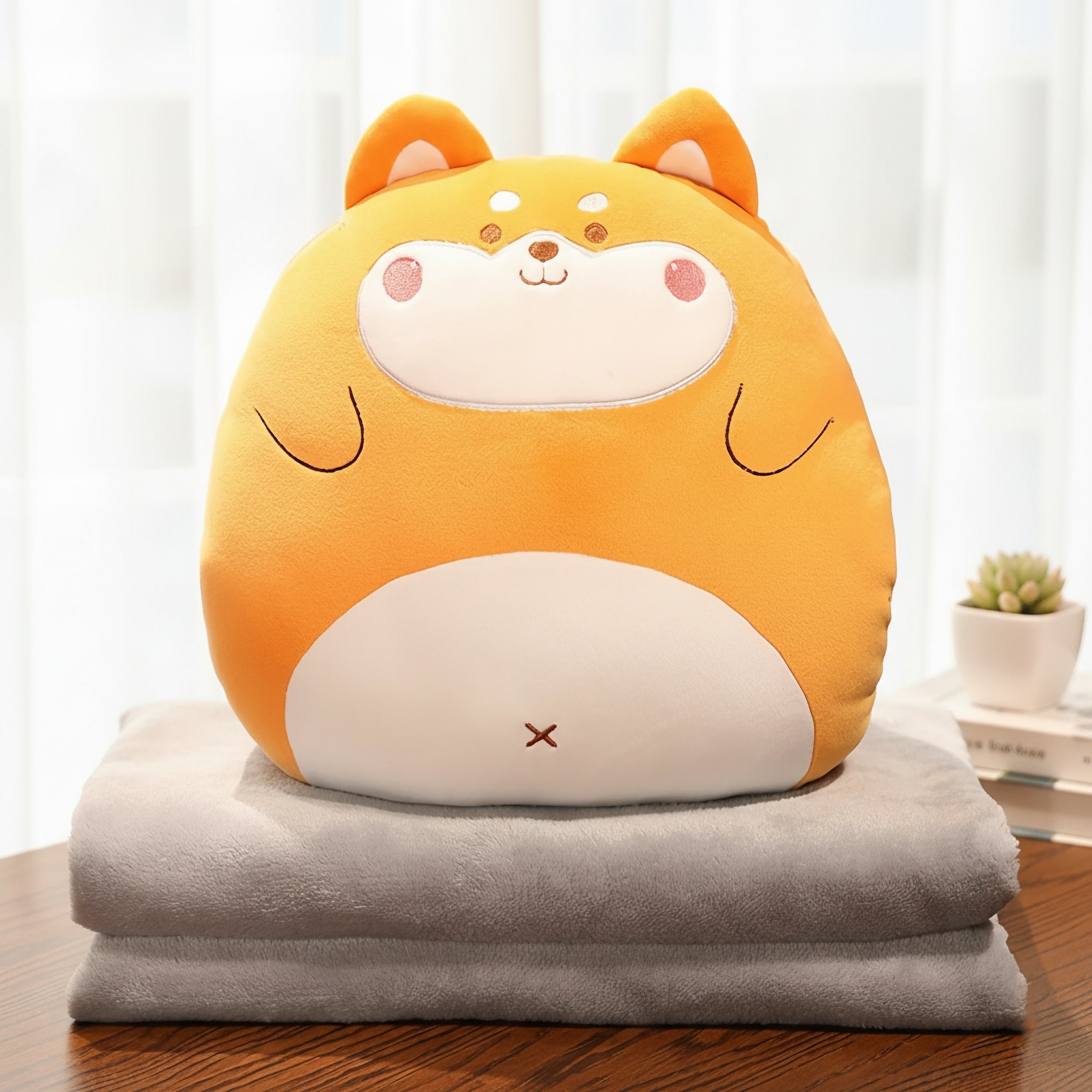 A plush orange animal pillow with a smiling face sits atop two gray blankets on a wooden table.