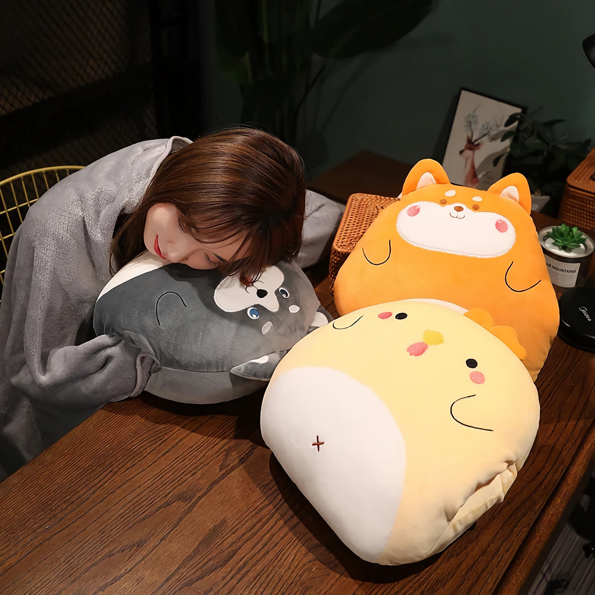 PillowPuff Snuggle Critter Blanket Plush Set - Hops and Pops - Cute - Plushies - Kawaii - Chicken Plush - Dinosaur Plush - Dog Plush - Pig Plush - Rabbit Plush - Duck Plush - Yellow - Orange - Pink - Gray - Green