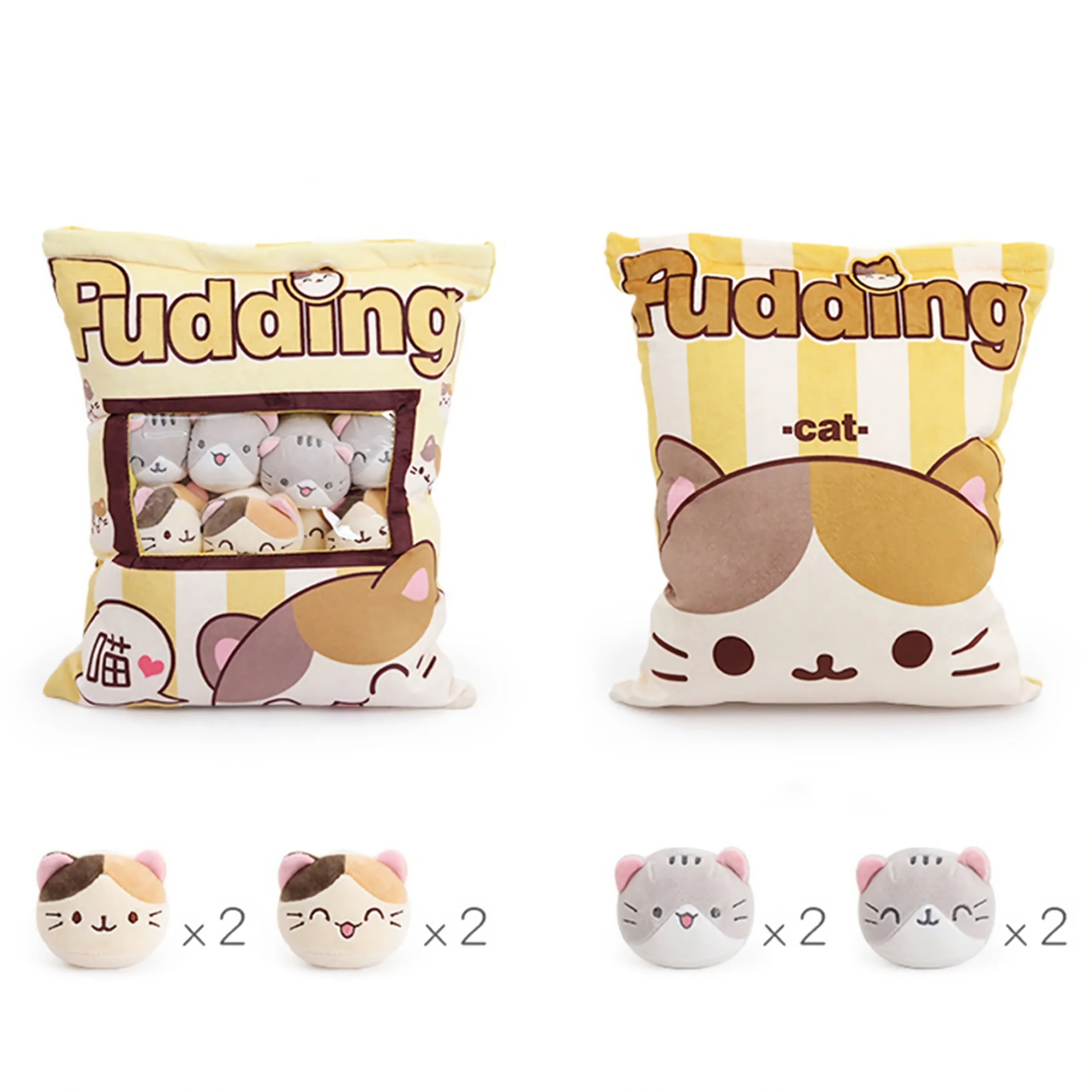 Pudding Pocket Cats, Peekaboo Plush Cushion Set - Hops and Pops - Cute - Plushies - Kawaii - Cat Plush - Stuffed Animals