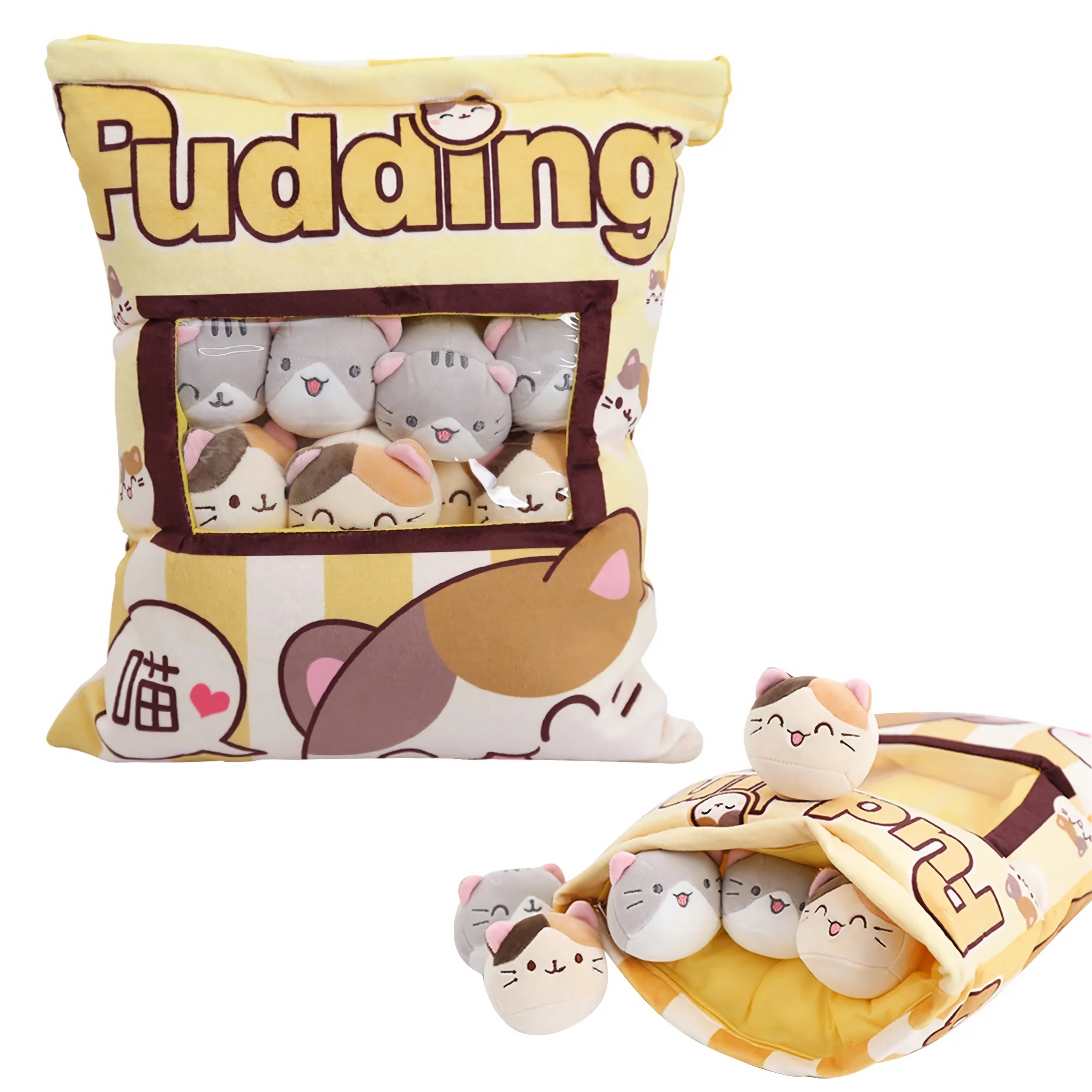 Pudding Pocket Cats, Peekaboo Plush Cushion Set - Hops and Pops - Cute - Plushies - Kawaii - Cat Plush - Theme: Kawaii/Cute