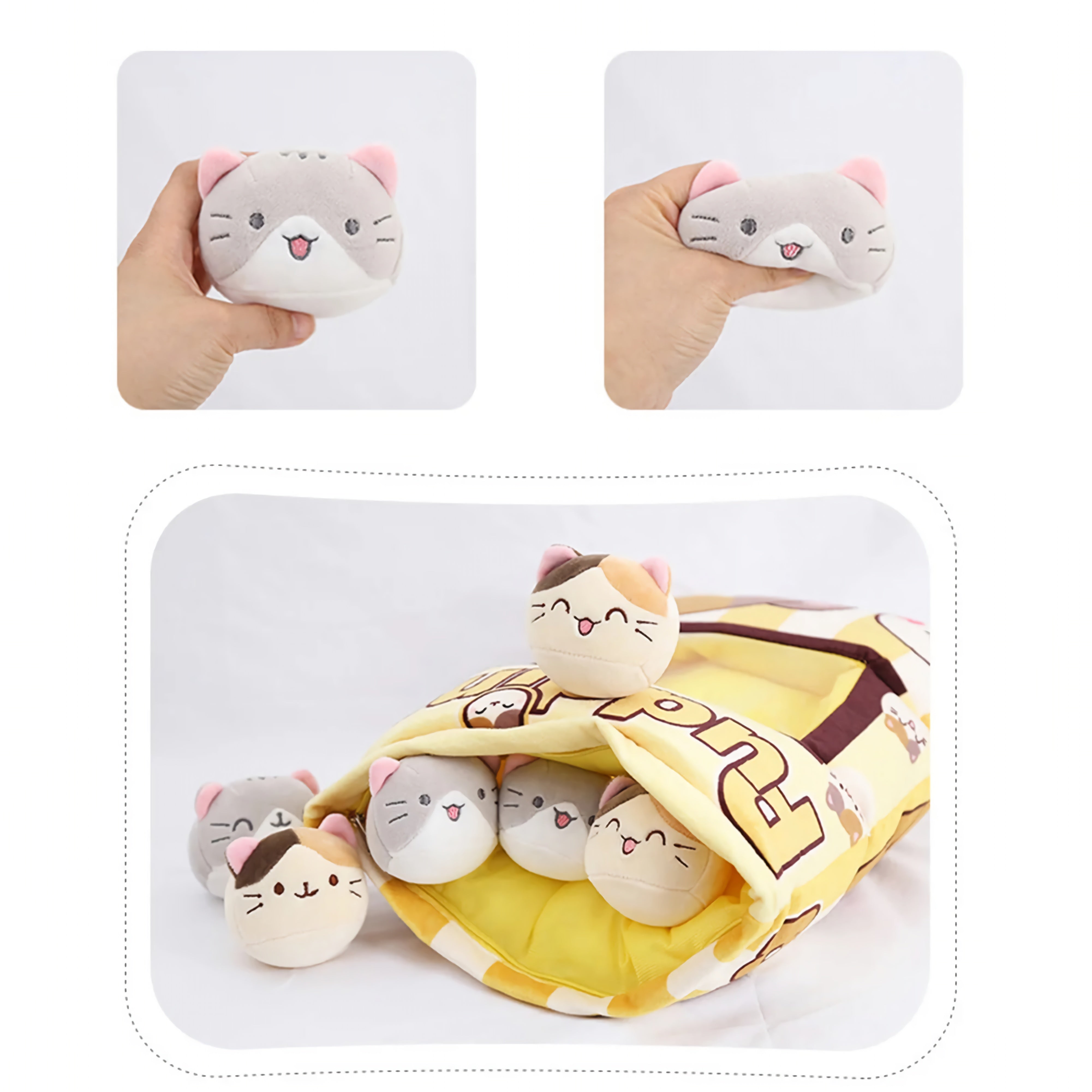 Pudding Pocket Cats, Peekaboo Plush Cushion Set - Hops and Pops - Cute - Plushies - Kawaii - Cat Plush - Stuffed Animals