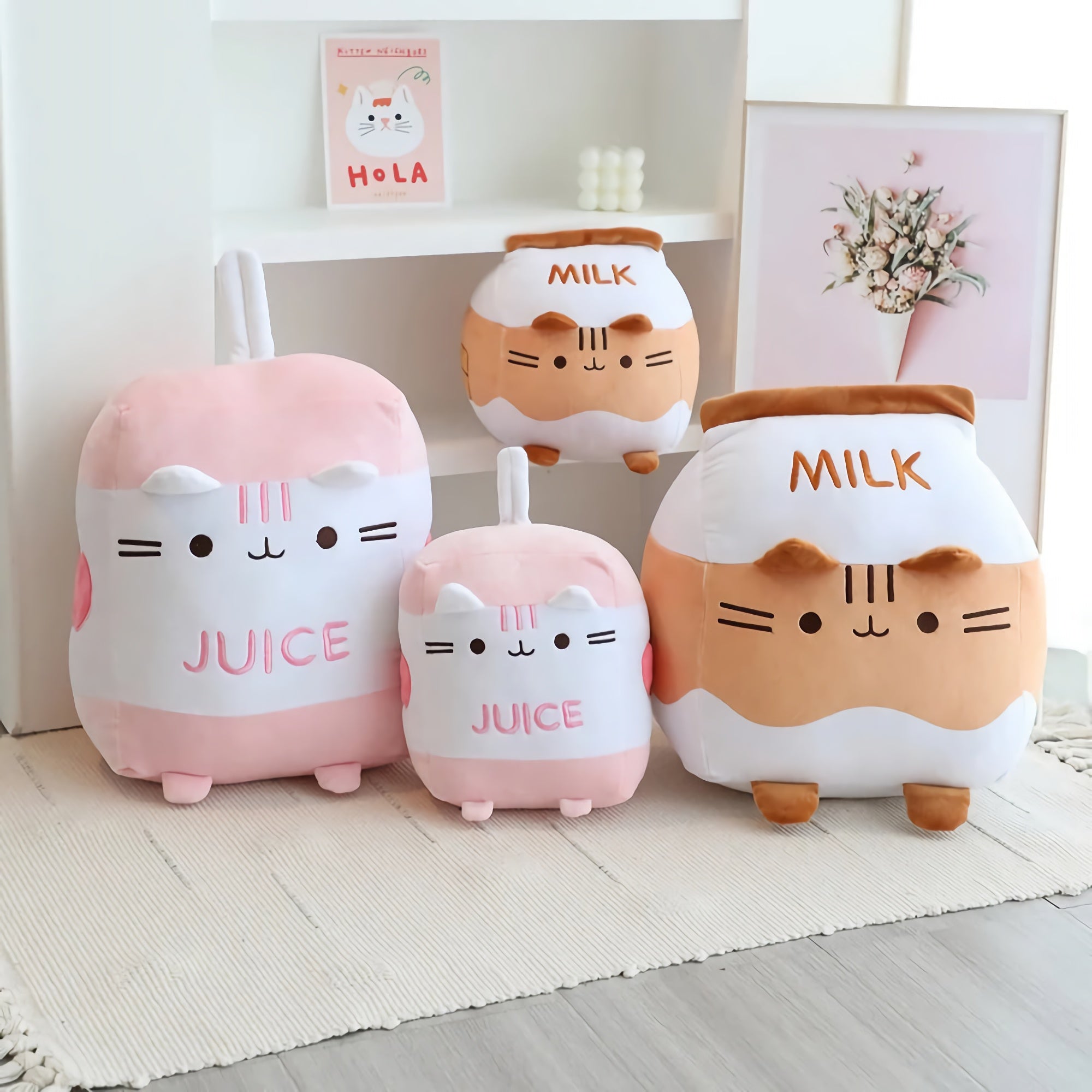 Sippy Paws Cat Milk & Juice Box Plushies - Hops and Pops - Cute - Plushies - Kawaii - Sweets Plush - Brown - Pink - White