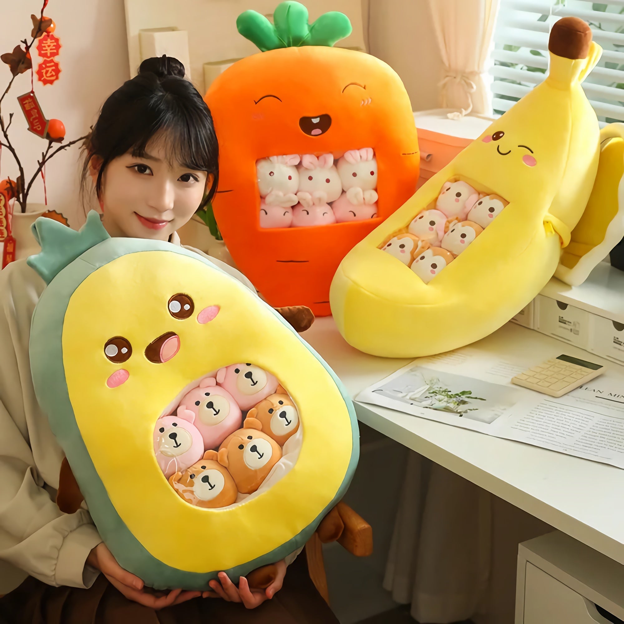 Snack Squeeze Fruits Peekaboo Plush Set - Hops and Pops - Cute - Plushies - Kawaii - Vegetables Plush - Fruits Plush - Yellow - Orange - Pink