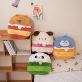 Four plush animal pillows in different colors and designs on a shelf and bed.