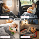 Child using a travel blanket and plush pillow in an airplane, car, bed, and tent.