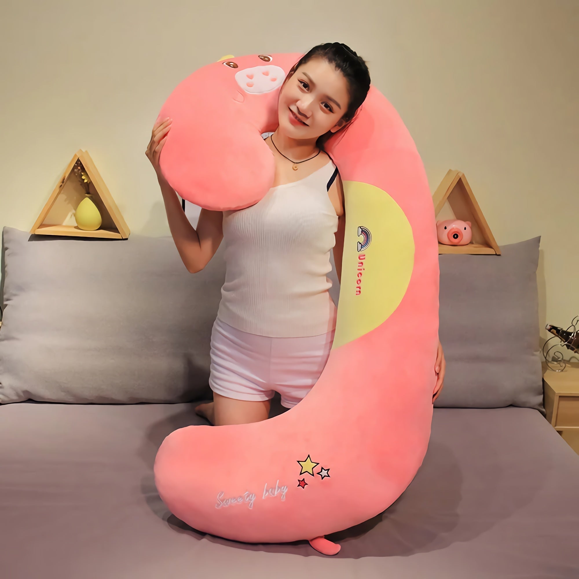 SnuggleZoo Giant C-Shaped Animal Plush Pillow - Hops and Pops - Cute - Plushies - Kawaii - Stuffed Animals