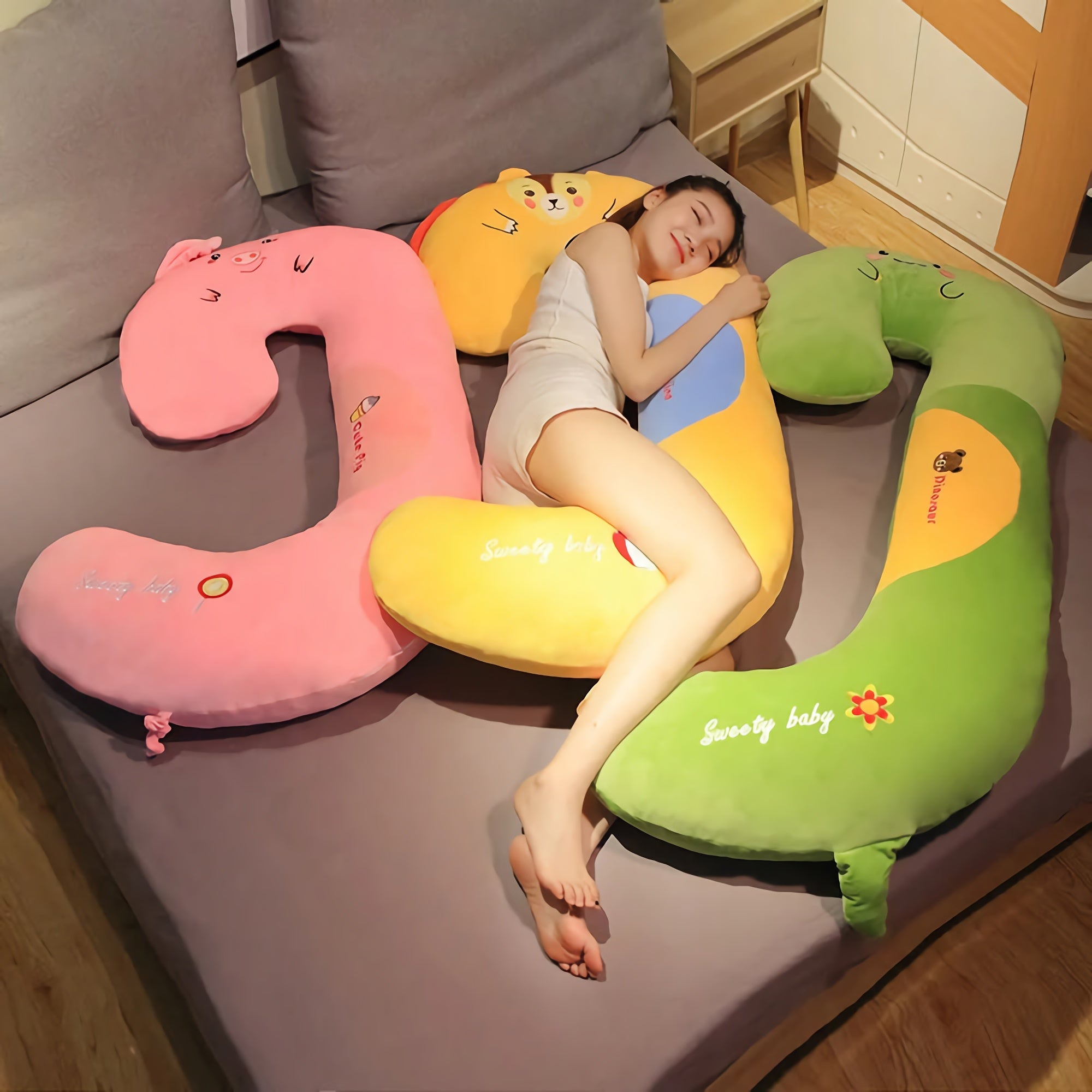 SnuggleZoo Giant C-Shaped Animal Plush Pillow - Hops and Pops - Cute - Plushies - Kawaii - Stuffed Animals