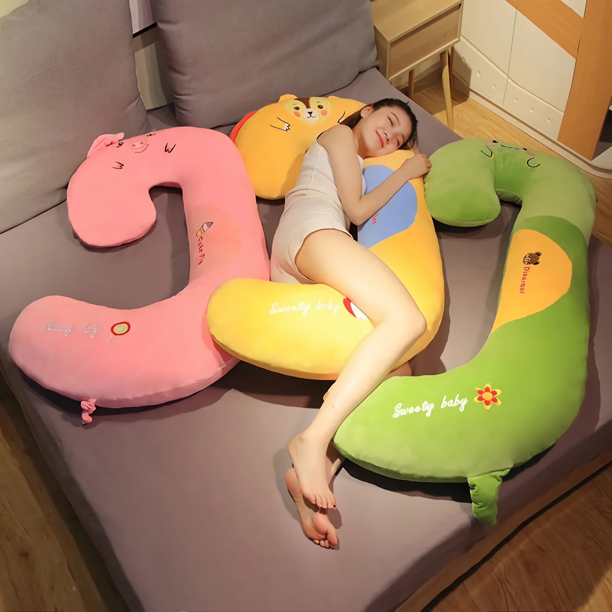 SnuggleZoo Giant C-Shaped Animal Plush Pillow - Hops and Pops - Cute - Plushies - Kawaii - Stuffed Animals