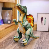 Lifelike Spinosaurus plush pillow with vibrant colors, standing on a wooden floor with art in the background.
