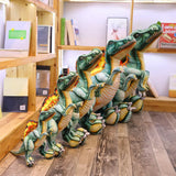 A row of colorful Spinosaurus dinosaur plush pillows displayed on a wooden shelf in a cozy room.