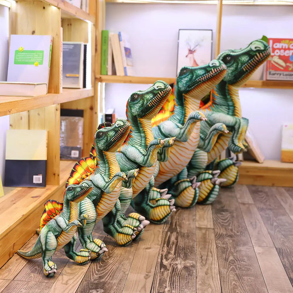 A row of colorful Spinosaurus dinosaur plush pillows displayed on a wooden shelf in a cozy room.