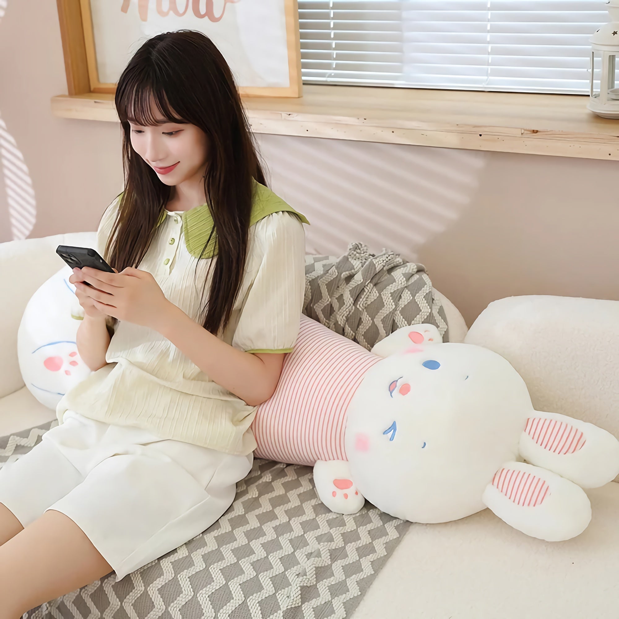 Striped Bunny Plush Pillows - Hops and Pops - Cute - Plushies - Kawaii - Rabbit Plush - Shape: Long