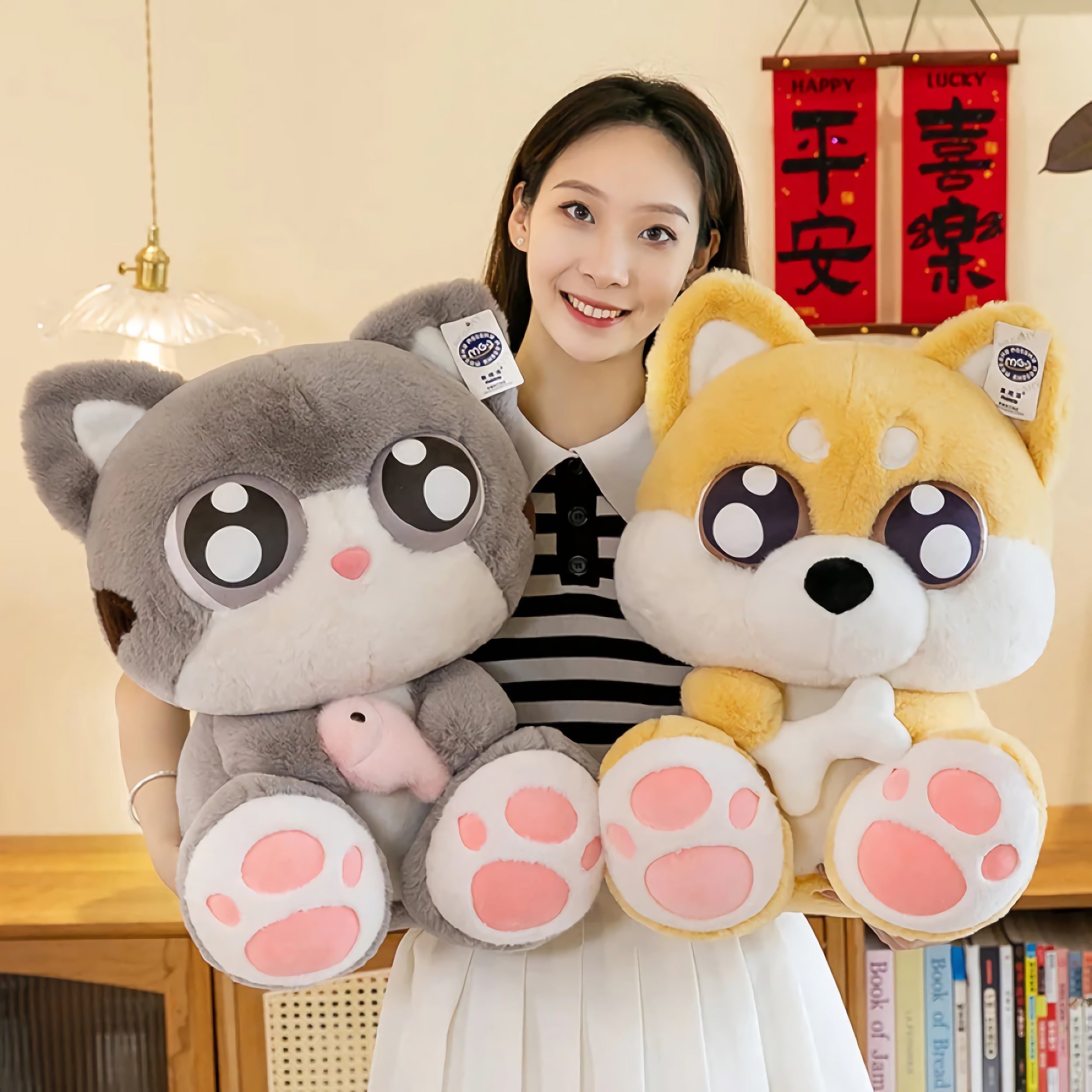 Wide-Eyed Snuggle Pals Plushies - Hops and Pops - Cute - Plushies - Kawaii - Cat Plush - Dog Plush - Pig Plush - Gray - Yellow - Pink